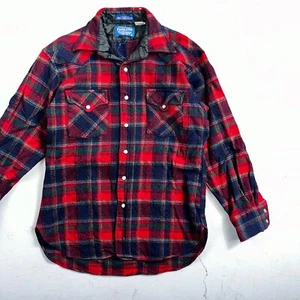 Pendleton VTG 100% Virgin Wool Western Plaid Shirt Pearl Snap Red High Grade - Picture 1 of 9