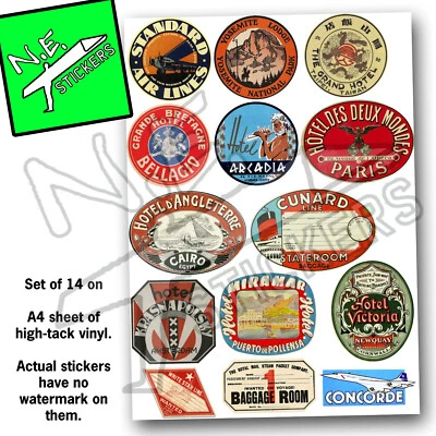 N.E.STICKERS WATERPROOF Vintage Style Travel Suitcase Luggage Labels Set Of 14 vinyl stickers