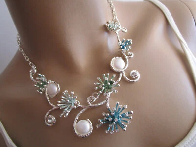Damen Collier Halskette kurz Modekette Modeschmuck Silber Aqua Weiss Strass NEU - Bild 1 von 3