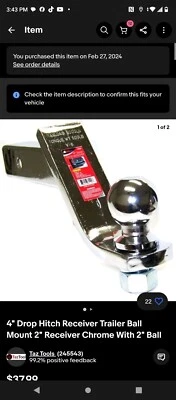 CHROME  4" Drop Hitch Receiver Trailer Ball Mount 2" Receiver With 2" Hitch Ball - Image 1 of 2