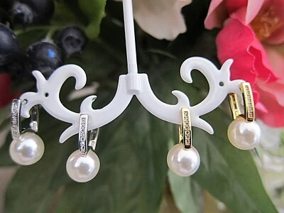 Drop Silver or Gold Filled Earrings With Pearl & Zircon - NEW. - Image 1 of 4