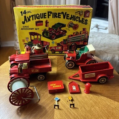 Vintage Cragstan Antique Fire Trucks Vehicles Tin Toy Set ( Incomplete) Japan - Image 1 of 4