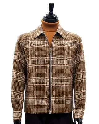 Brown Red Cream Plaid Stylish Short Waisted Bomber Style Zip Up Wool Blend Ja... - Image 1 of 4