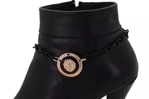 New Women Black Metal Chain Boot Bracelet Shoe Anklet Gold Lion Charm Coin Bling - Picture 1 of 23