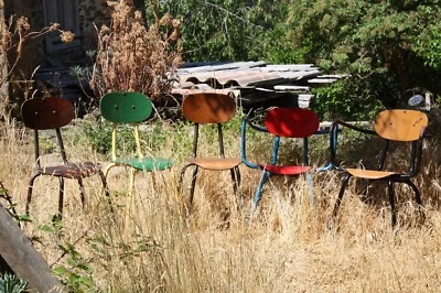 Chaises Fauteuils Bois métal design vintage industriel pop 1960 Mullca Hitier ? - Photo 1/4