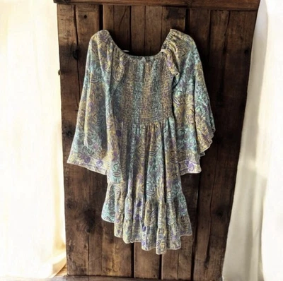 Mini Vestido Vintage Zury Seda Manga Campana Calado Cachemira Floral Y2K Foto 1 de 4