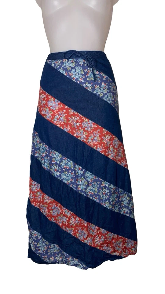 Saia Maxi Feminina Y2K Anos 90 Azul Patchwork Denim Western Retro Cottage Boho Tamanho 10 - Imagem 1 de 4