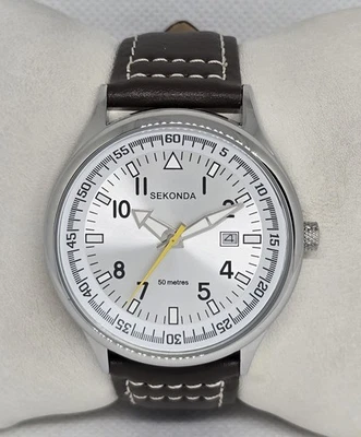 Reloj para Hombres Seconda Clásico Redondo Fecha Tono Plateado Caja Dial Correa Marrón 12 Foto 1 de 4