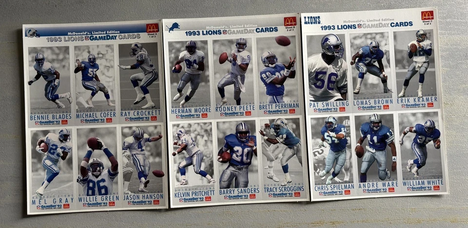 Fleer Detroit Lions 1993 NFL Gameday McDonald’s Cards Sheets Team Set A B & C - Image 1 of 1
