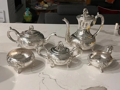 Juego de café de té de plata sobre cobre perseguido a mano de 5 piezas remates de figuras estilo victoriano Foto 1 de 4