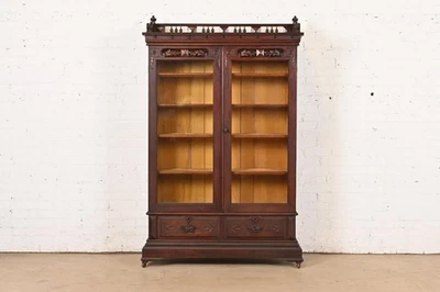 Herter Brothers Style Antique Eastlake Victorian Carved Walnut Bookcase Cabinet - Image 1 of 4