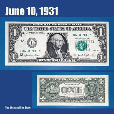 June 10, 1931 Birthday Anniversary $1 One Dollar Bill Serial Number 06101931 - Image 1 of 2