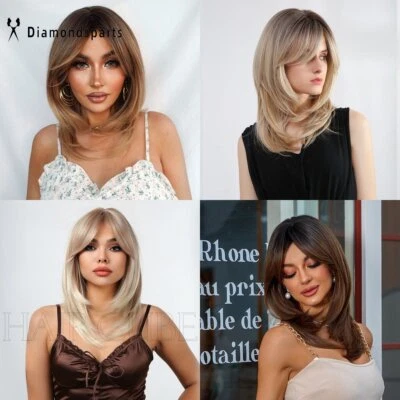 Pelucas rectas largas medias Fanshion pelucas rubias resaltadas en capas con flequillo lateral Foto 1 de 4