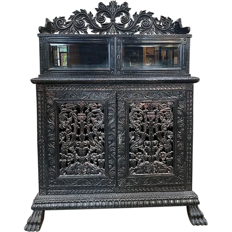 Antique Indo-Portuguese Ebonized Rosewood & Beveled Glass 2-Part Cabinet c. 1830 Cover