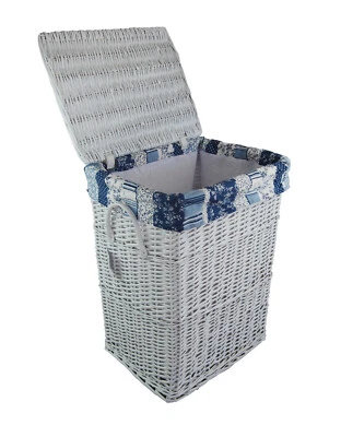 Wäschekorb Wäschtruhe  weide  weiss rechteckig blumenmuster blau 32x24 h.48 - Bild 1 von 4