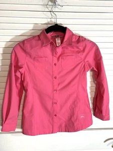 REI Shirt Girls XS Pink Button Long Roll Up Tab Sleeve Salmon 4/5 EUC - Picture 1 of 13