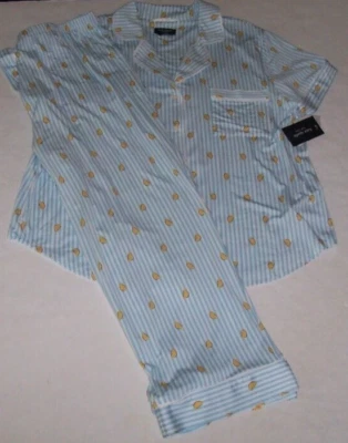 Nuevo con etiquetas Juego de pijama recortado tejido suave Kate Spade rayas AZUL/BLANCAS LIMONES AMARILLOS 3x Foto 1 de 4