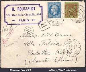 FRANCE N°14+96 SUR LETTRE RECOMMANDÉE CAD PARIS 58 RUE DOUDEAUVILLE 13/08/1901 - Picture 1 of 2