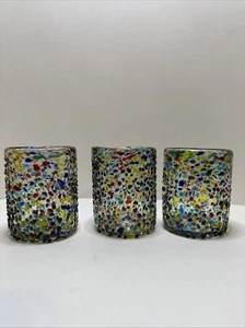 Set Of 3 Hand Blown Mexican Confetti Low Ball Tumblers Rock Whiskey Glasses - Picture 1 of 5