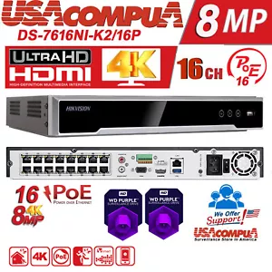 Hikvision 16CH DS-7616NI-K2/16P 8MP NVR POE H.265 HDMI HARD DISK OPZIONALE - Foto 1 di 7