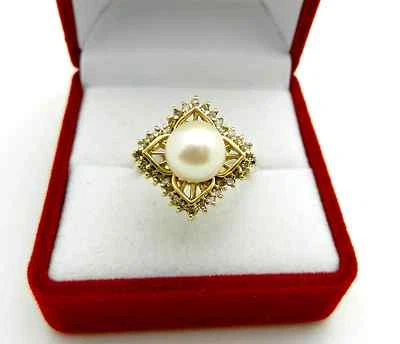 Anillo estilo halo de diamantes y perlas naturales de oro amarillo sólido de 14 k talla 6,75 Foto 1 de 4
