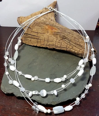 Vtg 2008 AVON White Multi-Strand CAT'S TIGER EYE STONE Beaded Necklace Signed  Foto 1 de 4
