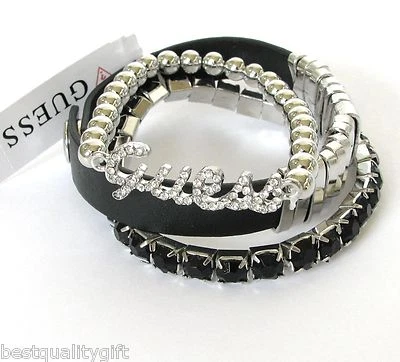 Nuovo Set Di 3 Bracciali In Cristallo E Gemme Nere In Tonalità Argento - Immagine 1 di 3