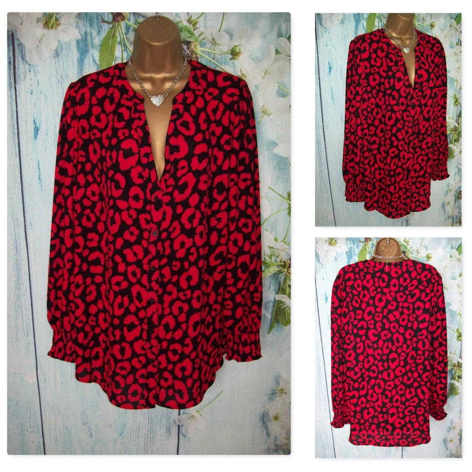 New Look Curves Red Black Leopard Print Blouse Size 24 V Neck Long Sleeve Shirt - Image 1 of 4