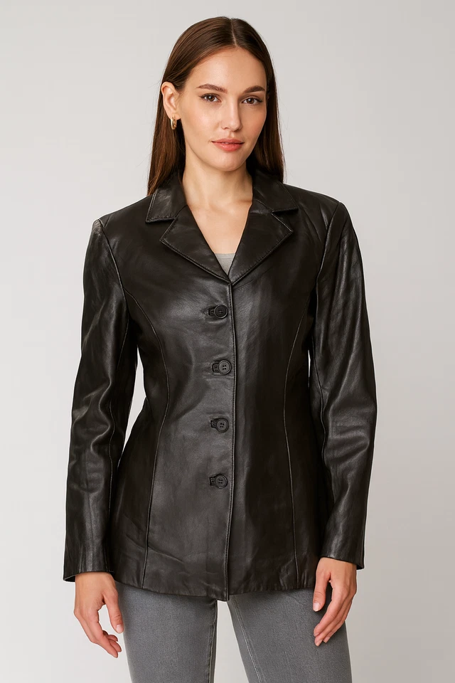 Mujeres Genuino Cuero Suave Botones Cierre Ajustado Nueva Chaqueta Hecha a Mano Foto 1 de 4