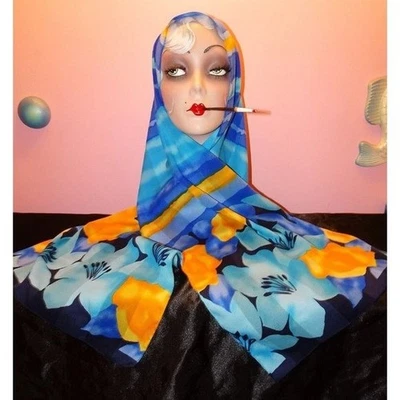 Vintage Blue & Yellow Long Floral Scarf made in Italy boho head wrap neck scarve - Image 1 of 4