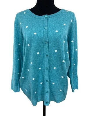 Cárdigan Suéter Merona Talla Lg Mujer Azul con Lunares Blancos 100% Algodón Botón Foto 1 de 4