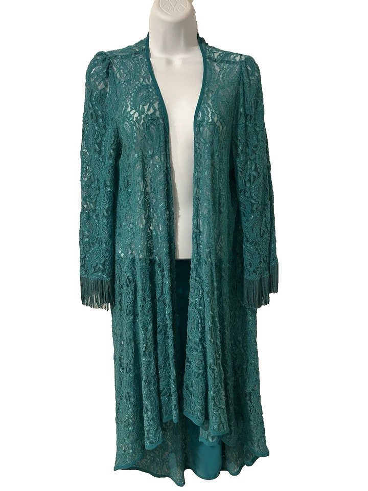 Cárdigan Kimono Abierto Tomato Flying Talla L Turquesa Encaje Flecos Boho Plumero de Hadas Foto 1 de 4