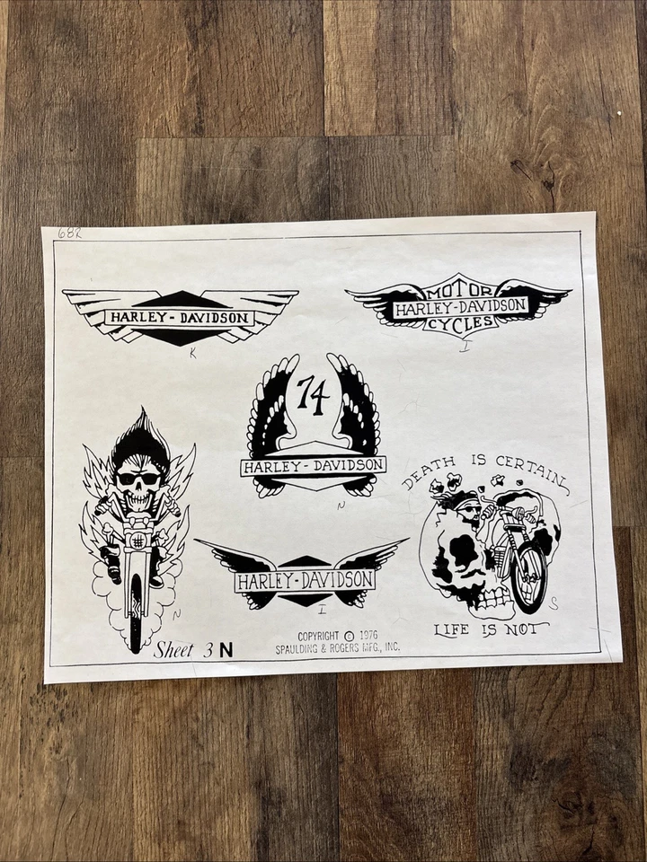 Flash de tatuaje Spaulding & Rogers vintage Harley Davidson 1976 Foto 1 de 4