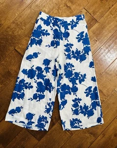 Cynthia Rowley 100% Linen Pants Women’s Lg Wide Leg Crop Blue White Floral - Picture 1 of 6
