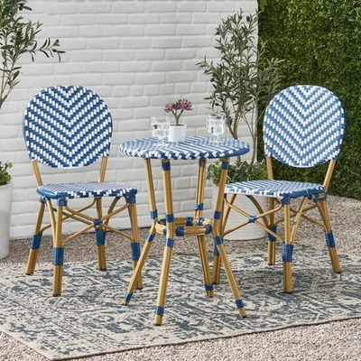 Outdoor Aluminum 3 Piece French Bistro Set, Navy Blue, White, with Bamboo Finish - Image 1 of 4