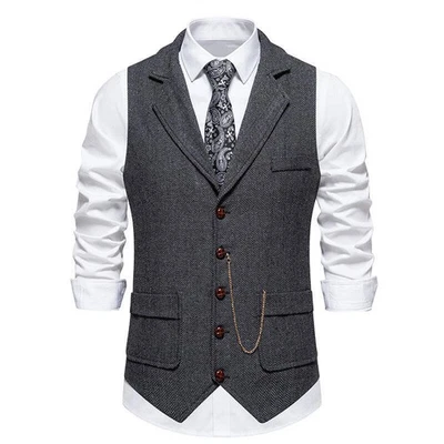 Retro Western Mens Sleeveless Tweed Splicing Waistcoat Slim Vest Casual Business - Image 1 of 4