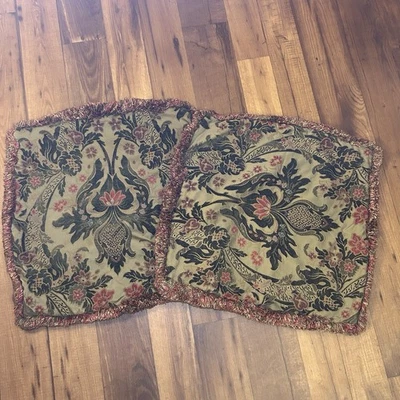 Vtg Throw Pillow cover Case Set Of 2  Embroidered Floral Fringe Green Red 21x21 - Image 1 of 4