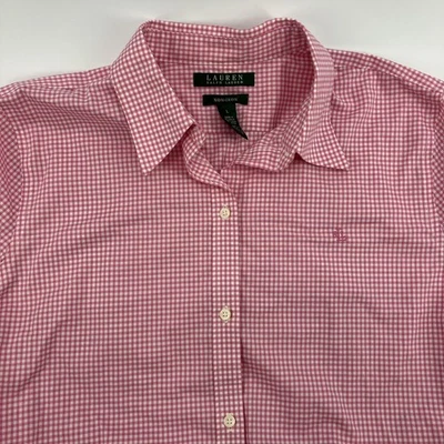 Lauren Ralph Lauren Classic Pink/White Gingham Blouse Large NO IRON Button Up - Image 1 of 4