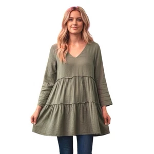 Altard State Babydoll Kleid Damen M Baumwolle Stufen Grün Oversized Boho - Bild 1 von 7