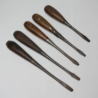Лот из 5 антикварных отверток с плоской головкой. Кузнечная ковка, 2 маркировки, 7-9,5" - Изображение 1 из 4