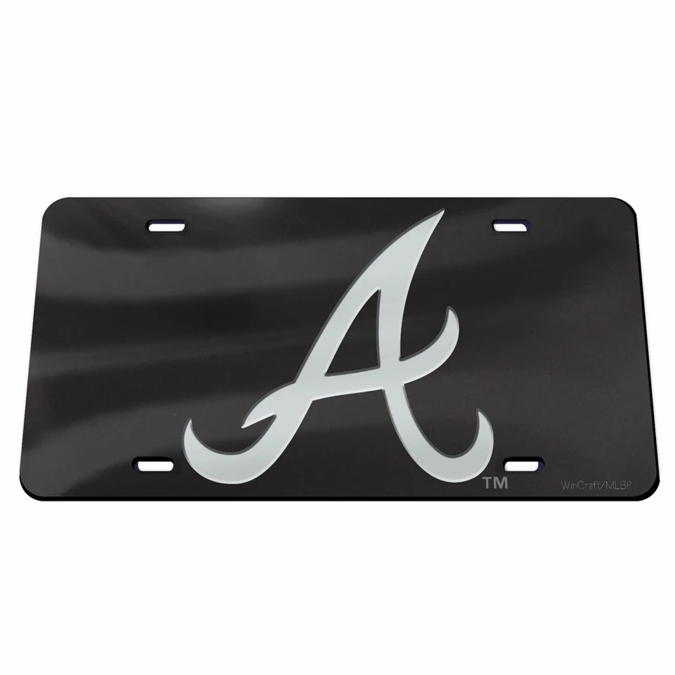 ATLANTA BRAVES BLACK AND SILVER CRYSTAL MIRRORED CAR LICENSE PLATE MLB LICENSED - Image 1 of 1