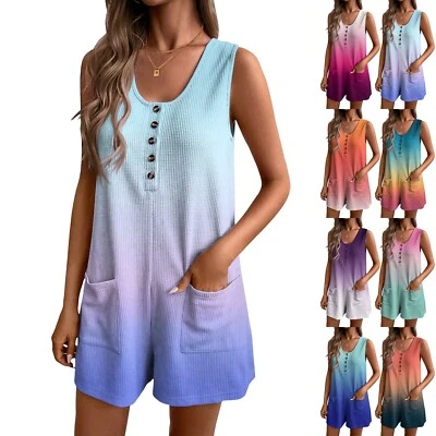 Womens Rompers Summer Casual Loose Sleeveless Floral Overalls Shorts Jumpsuit - image 1 of 4