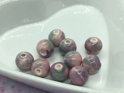 Pack of 10 porcelain ceramic beads, 10mm lilac, pink, green marble design, - Image 1 of 2