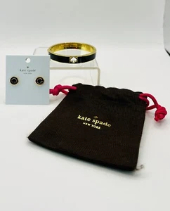 Kate Spade Hole Punch Black Gold Bangle Classic Black Spade Earrings With Bag - Picture 1 of 9