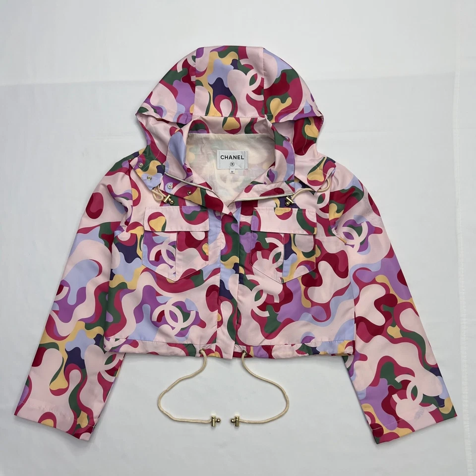 Chanel Logo Print Hooded Zip-Up Blouson Jacket Size 36 - Image 1 of 4