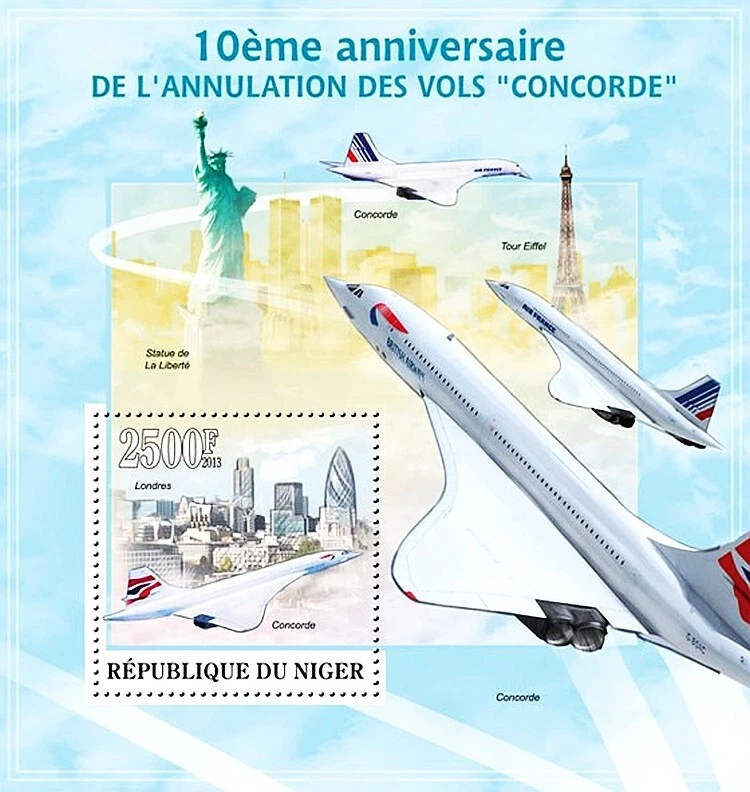 Hoja de estampillas de aviones BA CONCORDE Londres/Nueva York/Torre Eiffel (2013 Níger) Foto 1 de 1