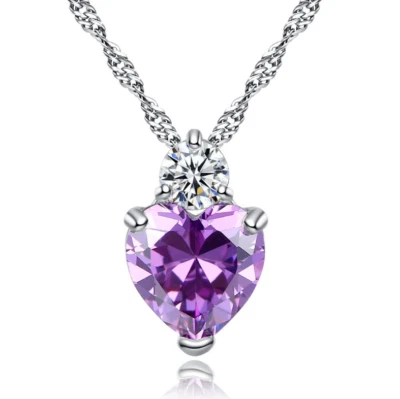 Collar Colgante Topacio Amatista Corazón Cristal Plata de Ley 925 Cadena 18" B6 Foto 1 de 4