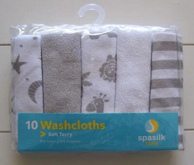 SPASILK Baby Set of 10 Grey White Stars Safari Chevron Solid Terry Washcloths - Image 1 of 2