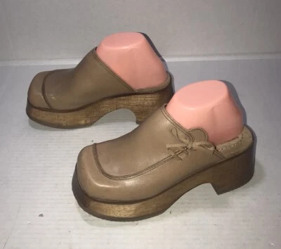 De Colección Años 90 Y2K CARAMELOS Madera Gruesa Plataforma Zueco Mulas Cuero Encaje Corbata Boho Talla 7 Foto 1 de 4