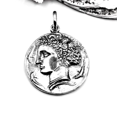Pingente de prata esterlina 925 sólido moeda deusa grega antiga Ártemis - Imagem 1 de 4